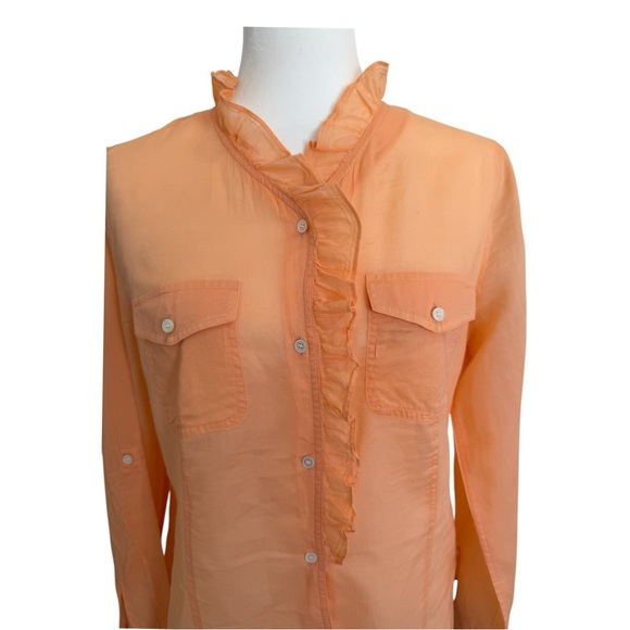 Talbots W’s Cotton Semi-Sheer Ruffle Blouse 10 Orange Long Sleeve Button Down - Picture 2 of 8